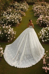 Strapless Crown-Point Neckline Ultra-Dense Crystal Pearl Illusion Corset All-Over 3D Floral Lace Embroidery Ball Gown Wedding Dress Cathedral Train