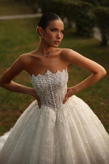 Strapless Crown-Point Neckline Ultra-Dense Crystal Pearl Illusion Corset All-Over 3D Floral Lace Embroidery Ball Gown Wedding Dress Cathedral Train