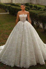 Strapless Crown-Point Neckline Ultra-Dense Crystal Pearl Illusion Corset All-Over 3D Floral Lace Embroidery Ball Gown Wedding Dress Cathedral Train