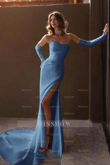 Strapless Detachable Sleeves Mermaid Long Formal Dress With Split