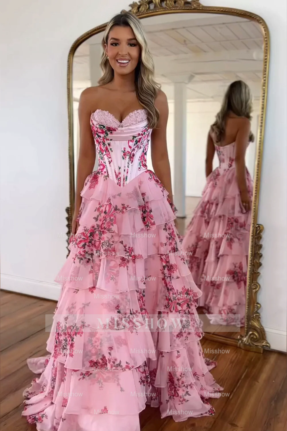 Strapless Floral A Line Corset Sweetheart Long Prom Dress with Slit