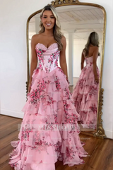 Strapless Floral A Line Corset Sweetheart Long Prom Dress with Slit