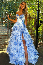 Strapless Floral A Line Corset Sweetheart Long Prom Dress with Slit