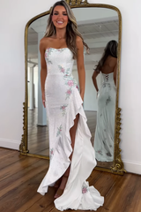 Strapless Floral Appliqué Side Ruffle Sequined Mermaid Prom Dress Lace-Up Back Front Slit Chapel Train