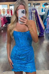 Royal blue strapless rhinestone bodycon homecoming dress