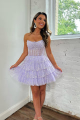 Strapless Glitter Tulle Sheer Corset Boning 4-Tier Ruffle A-Line Homecoming Dress Mini