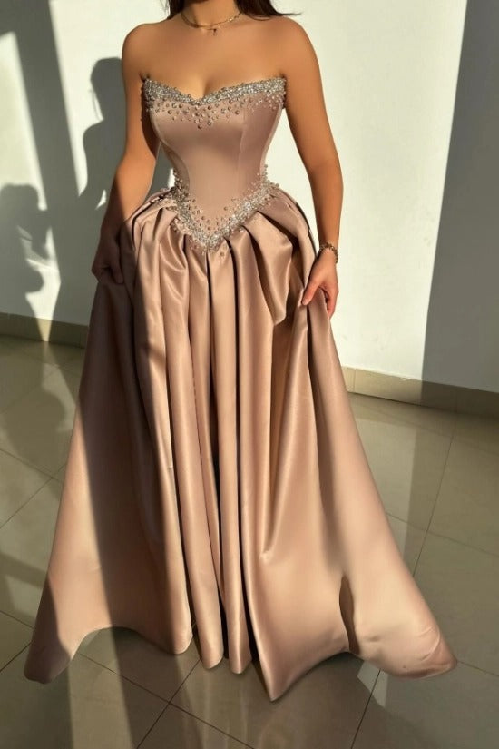 Strapless Illusion Sweetheart Crystal Beaded Border V-Shape Crystal Waist Belt Satin Boned Corset A-Line Ball Gown Evening Dress Sweep Train