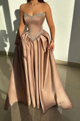 Strapless Illusion Sweetheart Crystal Beaded Border V-Shape Crystal Waist Belt Satin Boned Corset A-Line Ball Gown Evening Dress Sweep Train