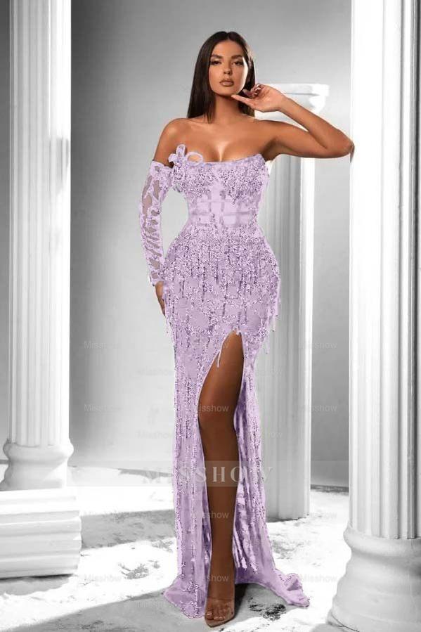 Strapless Long Sleeve High Split Long Formal Dress With Appliques
