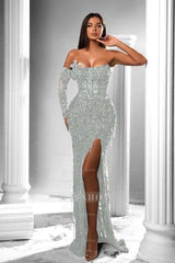 Strapless Long Sleeve High Split Long Formal Dress With Appliques