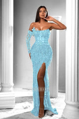 Strapless Long Sleeve High Split Long Formal Dress With Appliques
