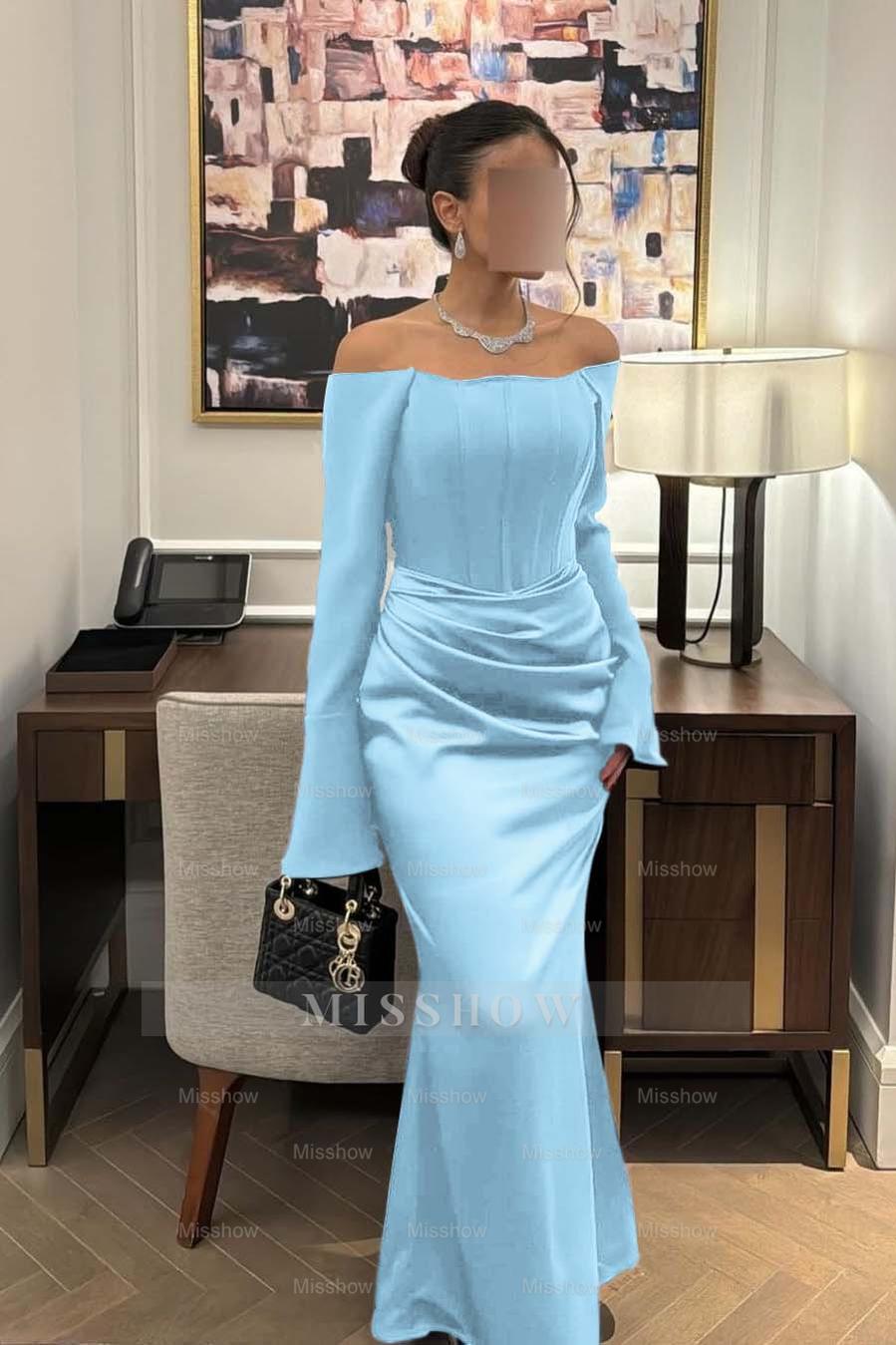 Strapless Long Sleeves Mermaid Long Formal Dress With Pleated