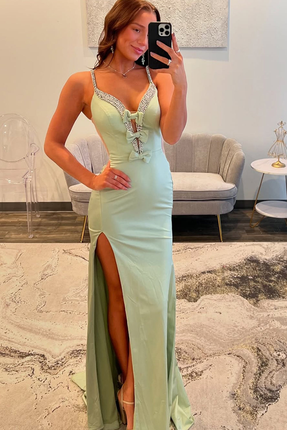 Strapless Mermaid Prom Dress in Light Green with Long Slit and Spaghetti Straps Strapless Mermaid Prom Dress in Light Green with Long Slit and Spaghetti Straps
