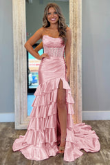 Strapless Mermaid Prom Dress with Glitter Blush Satin and Ruffled Sequins