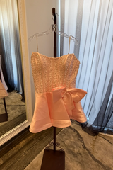 Strapless Pearl Beading Boned Corset Oversized Bow Satin A-Line Homecoming Dress Mini