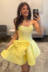 Strapless Pearl Beading Boned Corset Oversized Bow Satin A-Line Homecoming Dress Mini