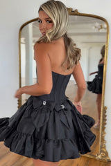 Strapless Rhinestone Beaded Corset Bodice Double Bow Bubble Ruffle Skirt Lace-Up A-Line Homecoming Dress Mini