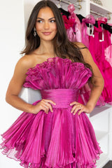Strapless Ruffle Neckline Glitter Pleated Tulle Wide Waistband Tiered Ruffle Hem Flared A-Line Short Homecoming Dress