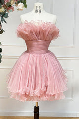 Strapless Ruffle Neckline Glitter Pleated Tulle Wide Waistband Tiered Ruffle Hem Flared A-Line Short Homecoming Dress