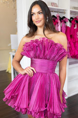 Strapless Ruffle Neckline Glitter Pleated Tulle Wide Waistband Tiered Ruffle Hem Flared A-Line Short Homecoming Dress