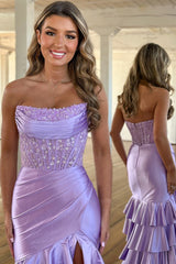 Strapless Satin Mermaid Prom Dress with Glitter Blush Ruffles and Sequins