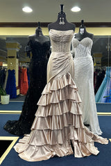 Strapless Satin Mermaid Prom Dress with Glitter Blush Ruffles and Sequins
