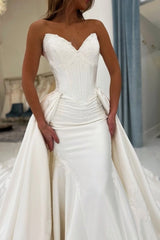Strapless Scalloped Sweetheart Pearl Boning Corset Detachable Side Bow Overskirt Cathedral Train Fitted Mermaid Wedding Dress