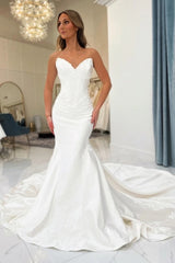 Strapless Scalloped Sweetheart Pearl Boning Corset Detachable Side Bow Overskirt Cathedral Train Fitted Mermaid Wedding Dress