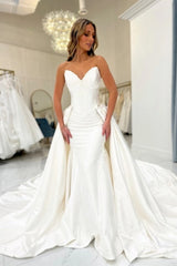 Strapless Scalloped Sweetheart Pearl Boning Corset Detachable Side Bow Overskirt Cathedral Train Fitted Mermaid Wedding Dress