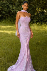 Strapless Scalloped Sweetheart Visible Boning Illusion Corset All-Over Sequin Lace Crystal Embroidery Single Halter Neck Scarf Mermaid Prom Evening Dress Sweep Train