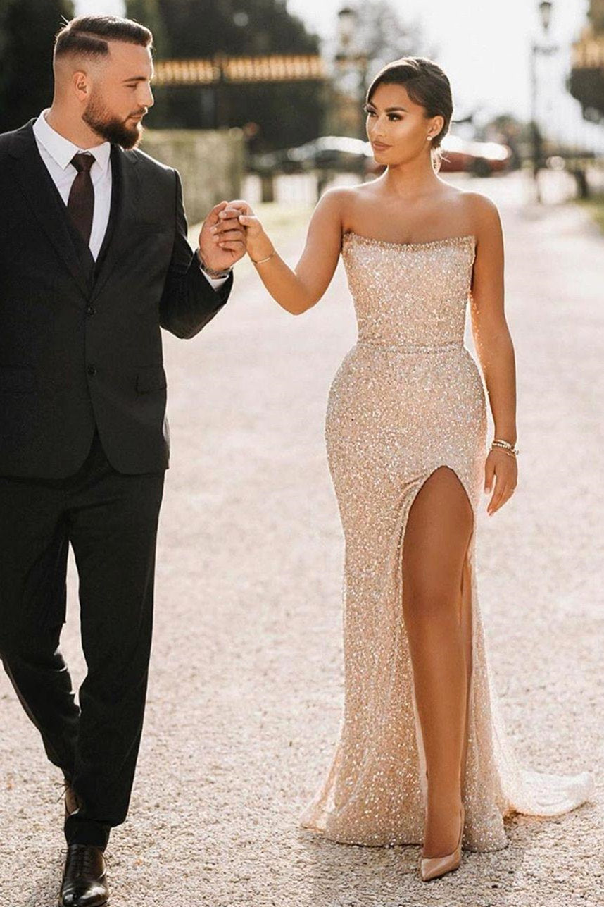 Champagne strapless sequin column prom dress