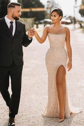 Champagne strapless sequin column prom dress