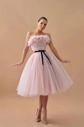 Strapless Sleeveless 3D Floral Applique Tulle A-Line Tea Length Elegant Cocktail Dress