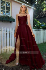 Strapless Sleeveless A Line Long Formal Dress With Split Pleated