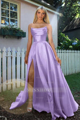 Strapless Sleeveless A Line Long Formal Dress With Split Pleated