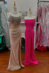 Strapless Sleeveless Beading Sequin Bodycon Mermaid Prom Dress Side Slit Floor Length