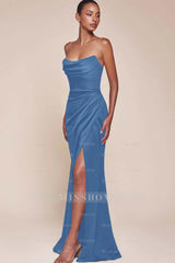 Strapless Sleeveless High Split Long Formal Dress With Pleated