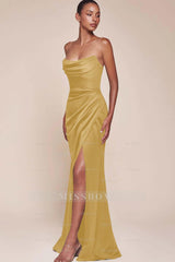 Strapless Sleeveless High Split Long Formal Dress With Pleated