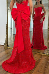 Strapless Sleeveless Lace Bow Mermaid Prom Dress High Slit Floor Length
