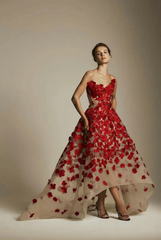 Strapless Sleeveless Long A Line Formal Dress With Pleated Appliques