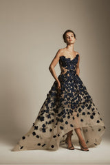 Strapless Sleeveless Long A Line Formal Dress With Pleated Appliques