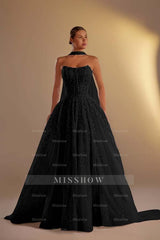 Strapless Sleeveless Long A Line Formal Dress With Pleated Beading