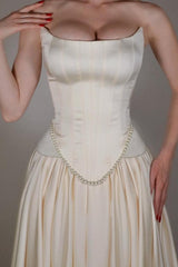 Strapless Sleeveless Long A Line Formal Dress With Pleated Beading