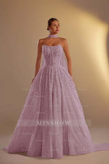 Strapless Sleeveless Long A Line Formal Dress With Pleated Beading