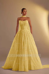 Strapless Sleeveless Long A Line Formal Dress With Pleated Beading