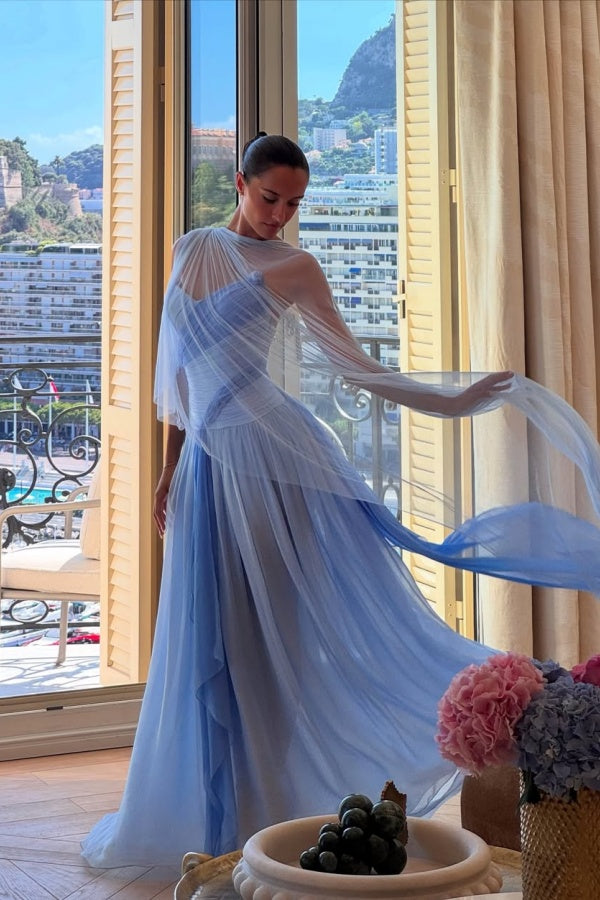 Strapless Sleeveless Long A Line Formal Dress With Pleated Tulle