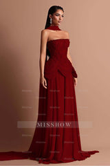 Strapless Sleeveless Long Formal Dress With Beading Pleated Wrap
