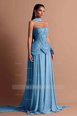 Strapless Sleeveless Long Formal Dress With Beading Pleated Wrap