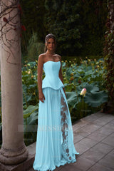 Strapless Sleeveless Long Formal Dress With Pleated Split Appliques