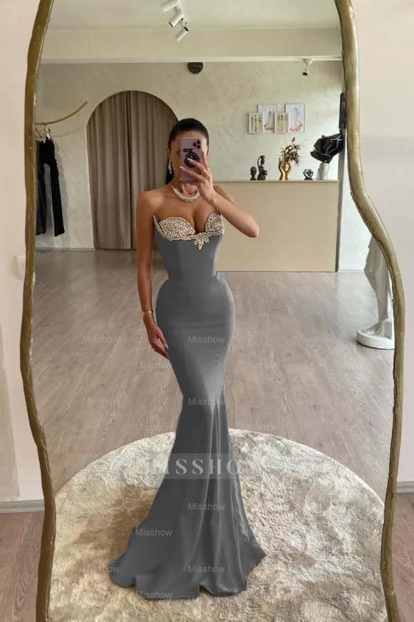 Strapless Sleeveless Long Mermaid Formal Dress With Beading Pleated
